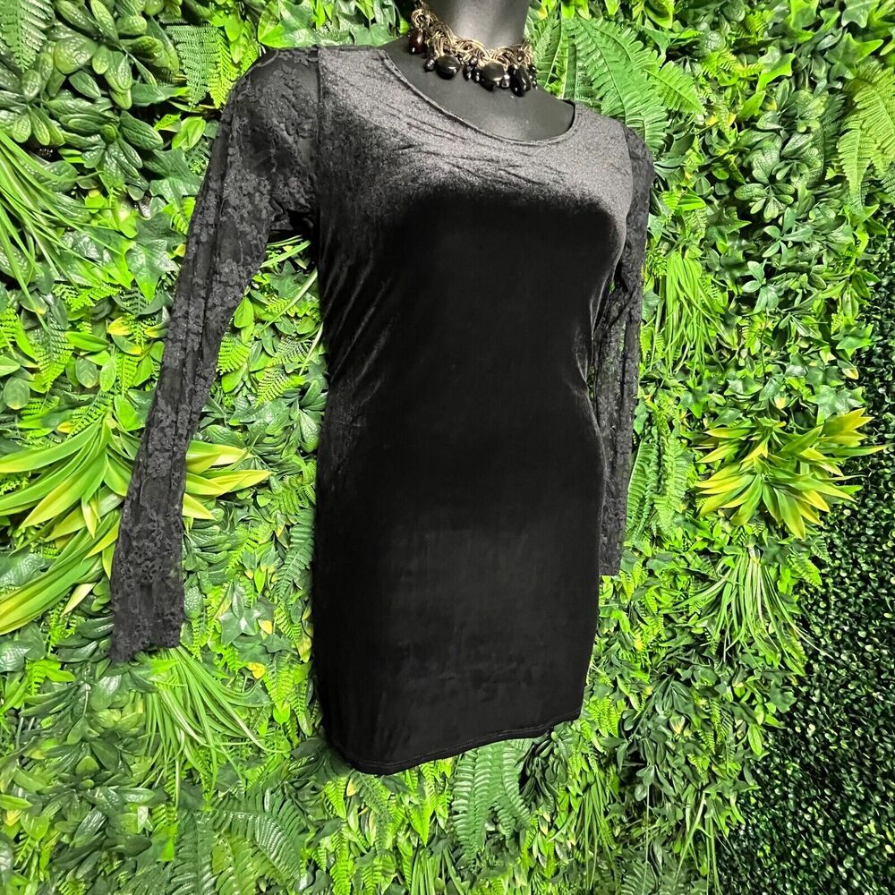 SEE YOU MONDAY Dress Women Medium Black‎ Mini Velvet Bodycon Lace Sleeve 1203
